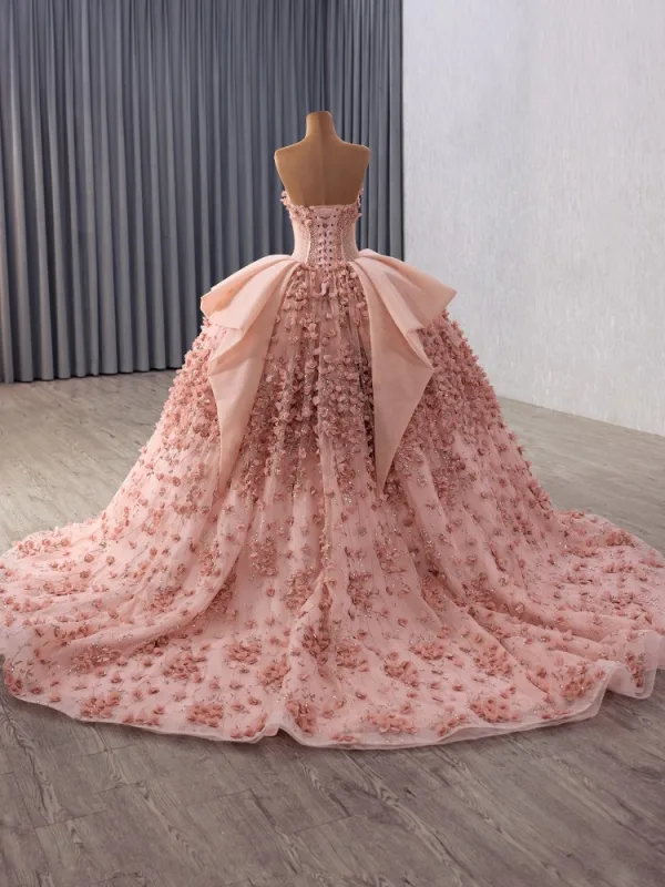 Luxury / Gorgeous Blushing Pink Beading Appliques Pearl Sequins Prom Dresses 2025 Ball Gown Strapless Sleeveless Backless Floor-Length / Long Prom Formal Dresses
