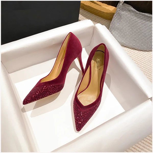 Fashion Nude Evening Party Suede Sequins Pumps 2023 Leather 8 cm Stiletto Heels Pointed Toe Pumps High Heels