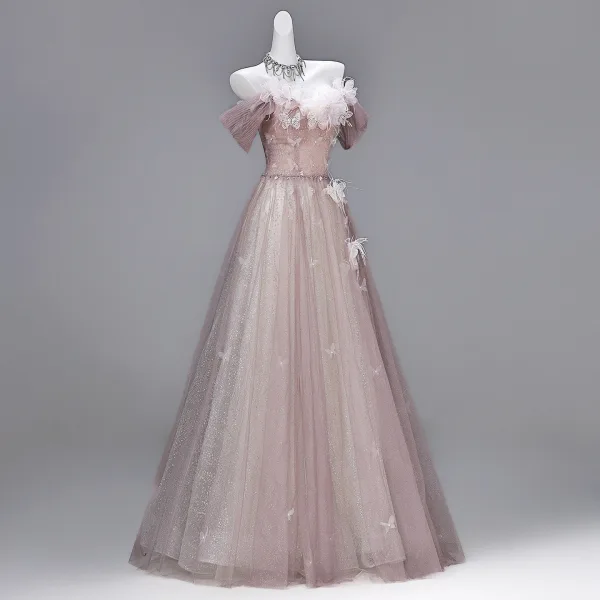 Chic / Beautiful Blushing Pink Sequins Lace Flower Butterfly Appliques Prom Dresses 2026 A-Line / Princess Off-The-Shoulder Short Sleeve Backless Floor-Length / Long Formal Dresses