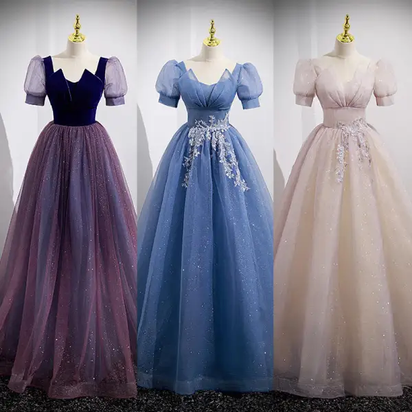 Elegant Purple Sequins Prom Dresses 2022 A-Line / Princess Square Neckline Short Sleeve Backless Floor-Length / Long Prom Formal Dresses