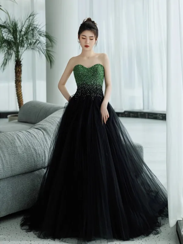 Sexy Black Beading Sequins Prom Dresses 2024 A-Line / Princess Sweetheart Sleeveless Backless Floor-Length / Long Formal Dresses