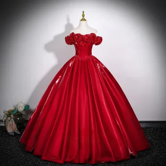 Elegant Burgundy Flower Satin Prom Dresses 2026 Ball Gown Sleeveless Backless Floor Length Long Prom Formal Dresses