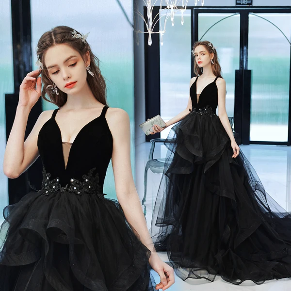 Fashion Black Rhinestone Lace Flower Prom Dresses A-Line / Princess 2022 Spaghetti Straps Cascading Ruffles Sleeveless Backless Floor-Length / Long Formal Dresses