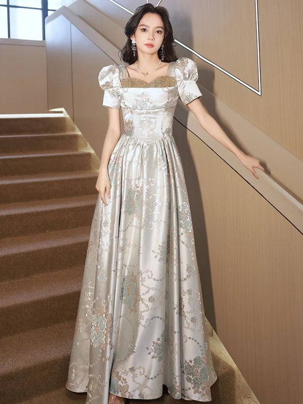 Chic / Belle Argenté Gris Impression Robe De Soirée 2023 Princesse Encolure Carrée Paillettes Manches Courtes Longue Promo Robe De Ceremonie