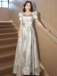 Chic / Belle Argenté Gris Impression Robe De Soirée 2023 Princesse Encolure Carrée Paillettes Manches Courtes Longue Promo Robe De Ceremonie