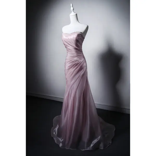 Sexy Rosa Perlenstickerei Pailletten Abendkleider 2026 Meerjungfrau Bandeau Ärmellos Rückenfreies Sweep / Pinsel Zug Abend Festliche Kleider
