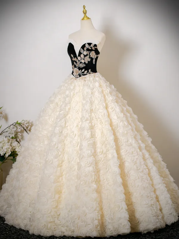 Flower Fairy Champagne Sequins Appliques Prom Dresses 2025 Ball Gown Strapless Sleeveless Backless Floor-Length / Long Formal Dresses