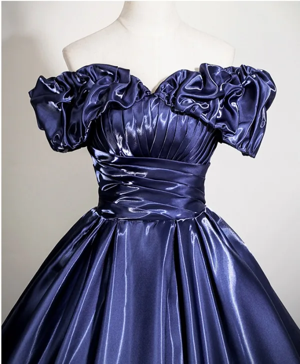 Vintage / Retro Navy Blue Prom Dresses 2025 Ball Gown Off-The-Shoulder Short Sleeve Backless Floor-Length / Long Prom Formal Dresses
