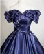 Vintage / Retro Navy Blue Prom Dresses 2025 Ball Gown Off-The-Shoulder Short Sleeve Backless Floor-Length / Long Prom Formal Dresses