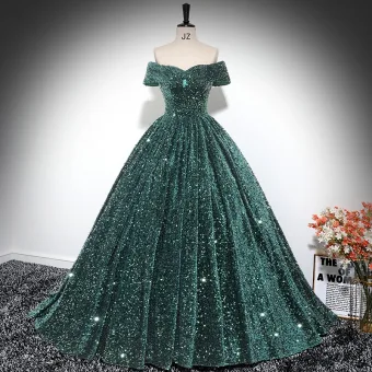 Scintillantes Vert Foncé Paillettes Robe De Bal 2024 Robe Boule De L Épaule Sans Manches Dos Nu Longue Promo Robe De Ceremonie