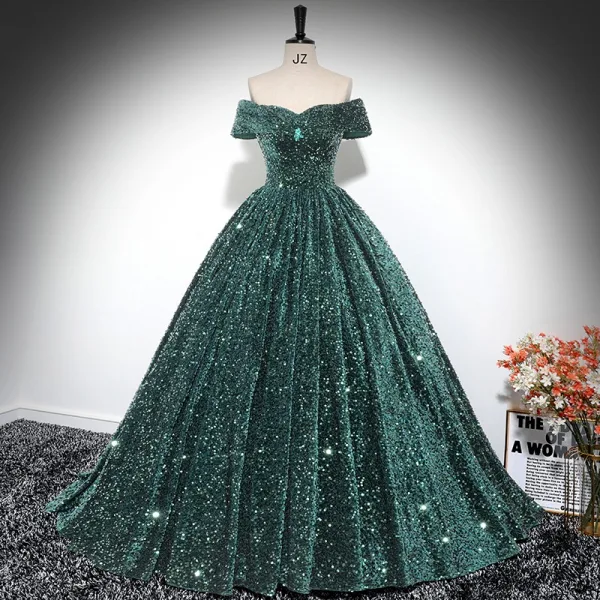 Sparkly Dark Green Sequins Prom Dresses 2024 Ball Gown Off-The-Shoulder Sleeveless Backless Floor-Length / Long Prom Formal Dresses
