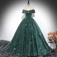 Brillante Verde Oscuro Lentejuelas Vestidos de gala 2024 Ball Gown Fuera Del Hombro Sin Mangas Sin Espalda Largos Gala Vestidos Formales