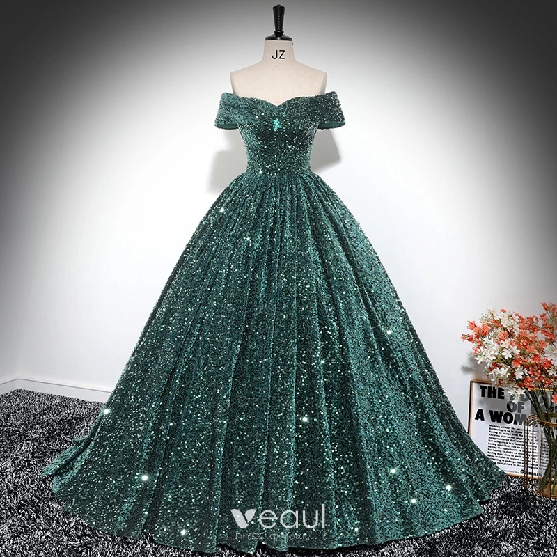 Sparkly Dark Green Sequins Prom Dresses 2024 Ball Gown Off-The-Shoulder  Sleeveless Backless Floor-Length / Long Prom Formal Dresses