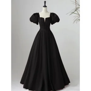 Chic Belle Noire Robe De Soirée 2023 Princesse Encolure Carrée Gonflée Manches Courtes Dos Nu Ceinture Longue Soirée Robe De Ceremonie