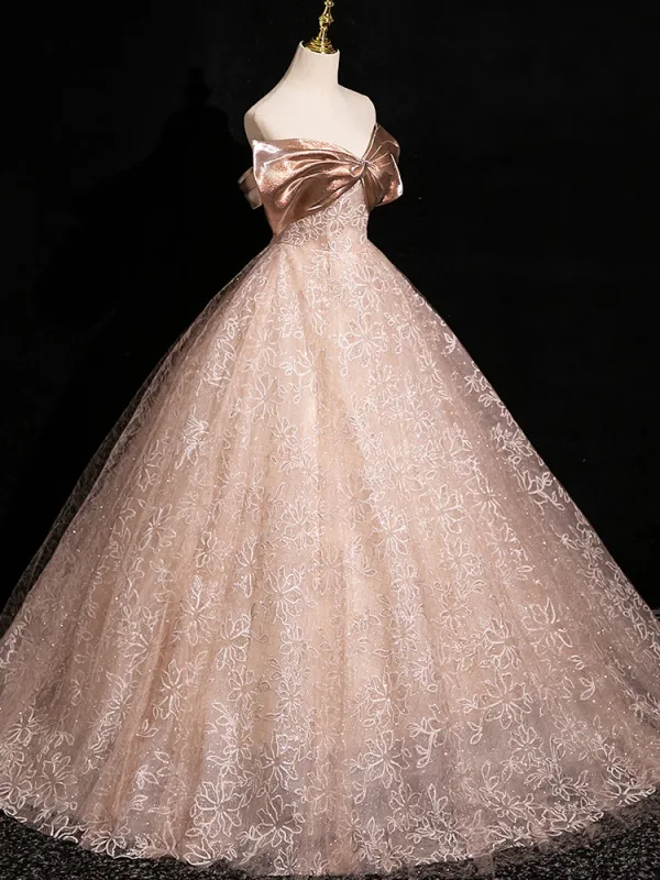 Charming Champagne Sequins Prom Dresses 2024 Ball Gown Off-The-Shoulder Short Sleeve Backless Floor-Length / Long Prom Formal Dresses