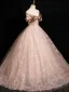 Charming Champagne Sequins Prom Dresses 2024 Ball Gown Off-The-Shoulder Short Sleeve Backless Floor-Length / Long Prom Formal Dresses