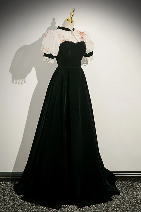 Chinese style Black Pearl Flower Velvet Prom Dresses Cheongsam 2023 A-Line / Princess High Neck Short Sleeve Backless Floor-Length / Long Prom Formal Dresses