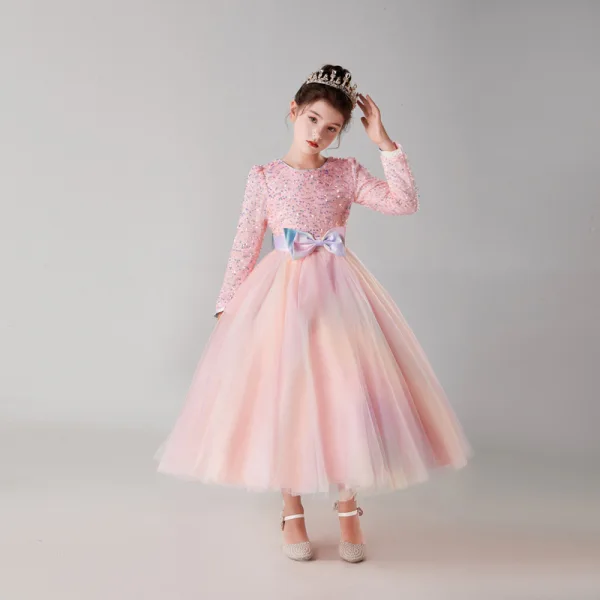 Chic / Beautiful Sky Blue Birthday Sequins Flower Girl Dresses 2023 A-Line / Princess Scoop Neck Bow Sash Long Sleeve Floor-Length / Long Flower Girl Dresses