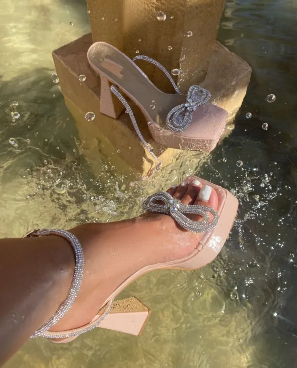 Sexy Fuchsie Abend Strass Schleife Knöchelriemen Sandalen Damen 2023 15 cm Stilettos Peeptoes Sandaletten Hochhackige