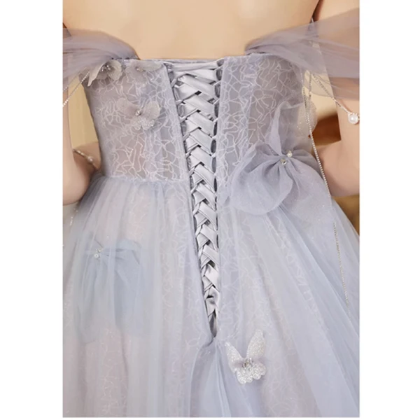 Fashion Sky Blue Butterfly Appliques Pearl Prom Dresses 2023 A-Line / Princess Strapless Sleeveless Backless Floor-Length / Long Prom Formal Dresses