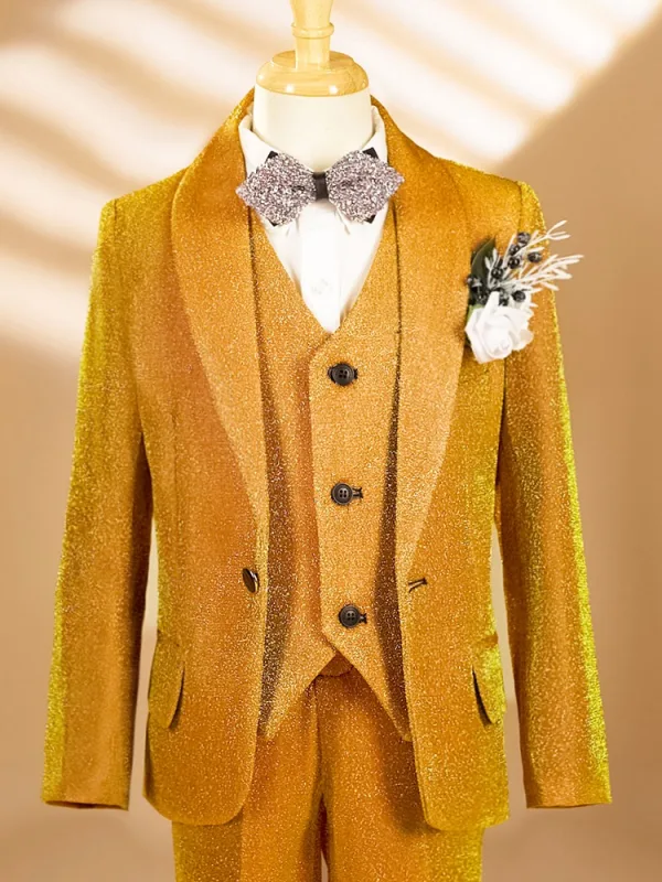 Glitter Yellow Fall Winter 6-piece Long Sleeve Boys Wedding Suits 2025 Body Jewellery Coat Necklace Pants Shirt Tie Vest