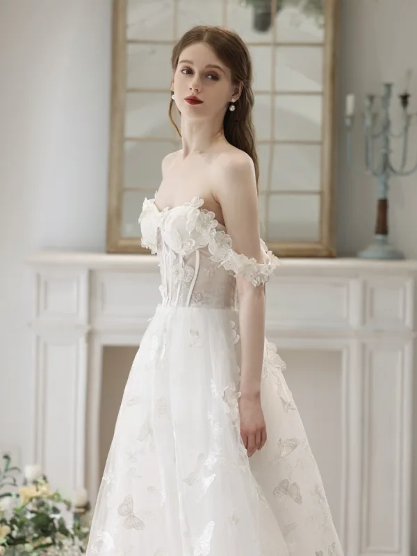 Elegant White Pearl Lace Butterfly Prom Dresses 2023 A-Line / Princess Spaghetti Straps Sleeveless Backless Floor-Length / Long Formal Dresses