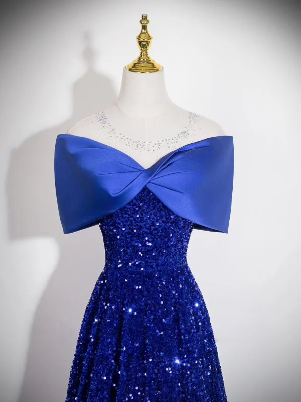 Dazzling Royal Blue Sequins Evening Dresses 2026 A-Line / Princess Off-The-Shoulder Bow Short Sleeve Backless