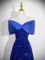 Dazzling Royal Blue Sequins Evening Dresses 2026 A-Line / Princess Off-The-Shoulder Bow Short Sleeve Backless