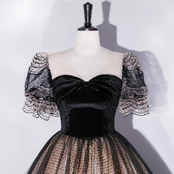 Élégant Noire Robe De Bal 2022 Robe Boule V-Cou Manches Courtes Dos Nu Longue Promo Robe De Ceremonie