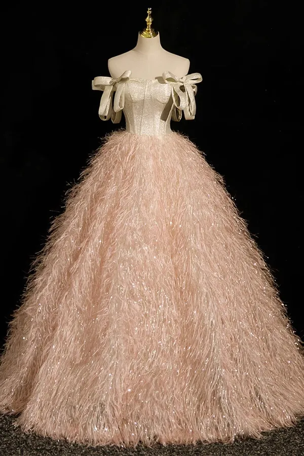 Charmant Champagne Paillettes Gland Robe De Bal 2023 Robe Boule De l'épaule Sans Manches Dos Nu Noeud Longue Promo Robe De Ceremonie
