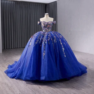 Vintage Originale Haut De Gamme Bleu Roi En Dentelle Fleur Quinceañera Robe De Bal 2024 Robe Boule De L Épaule Sans Manches Dos Nu Tribunal Train Promo Robe De Ceremonie