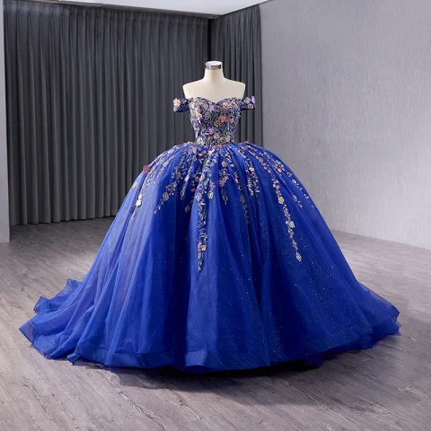 Vintage High End Königliches Blau Spitze Blumen Quinceañera Ballkleider 2024 Ballkleid Off Shoulder Ärmellos Rückenfreies Hof-Schleppe Ball Festliche Kleider