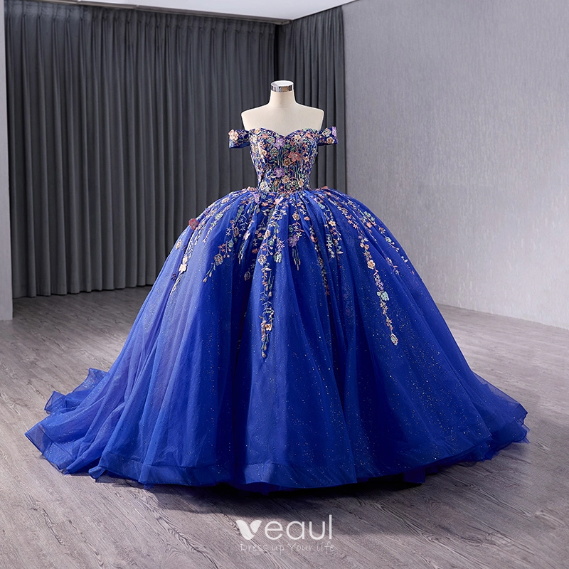 Vintage / Retro High-end Royal Blue Lace Flower Quinceaera Prom Dresses 2024 Ball Gown Off-The-Shoulder Sleeveless Backless Court Train Prom Formal Dresses Vintage / Retro High-end Royal Blue Lace Flower Quinceaera Prom Dresses 2024 Ball Gown Off-The-Shoulder Sleeveless Backless Court Train Prom Formal Dresses