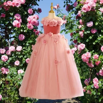 Fée Des Fleurs Rougissant Rose Appliques Robe Ceremonie Fille 2024 Robe Boule Encolure Dégagée Sans Manches Dos Nu Longue Mariage