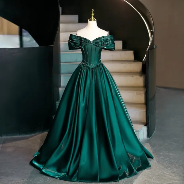 Vintage / Retro Dark Green Prom Dresses 2026 Ball Gown Off-The-Shoulder Short Sleeve Backless Floor-Length / Long Formal Dresses