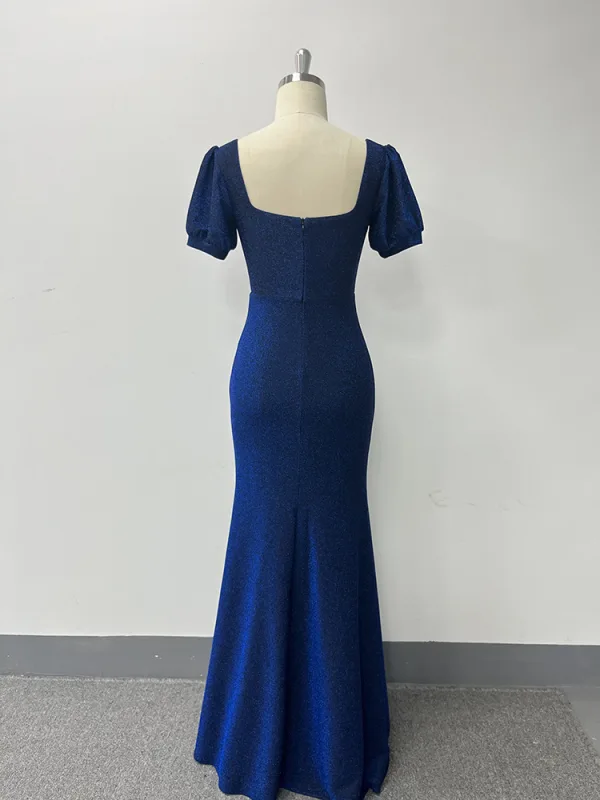 Sexy Bleu Marine Fendue devant Robe De Soirée 2024 Trompette / Sirène Encolure Carrée Manches Courtes Dos Nu Longue Soirée Robe De Ceremonie