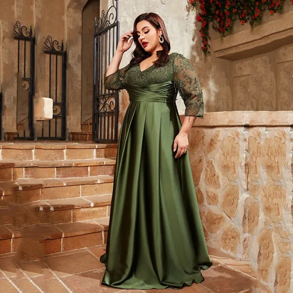 dark green dress plus size Cicinia Dark Green Mother Of The Bride Dress Plus Size Long V-neck Lace Chiffon Ankle Length 3/4 Length Sleeves main image 0