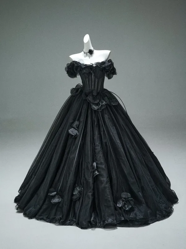 Haut de Gamme Vintage / Originale Noire Appliques Robe De Bal Robe Boule 2025 De l'épaule Manches Courtes Dos Nu Train De Balayage Robe De Ceremonie