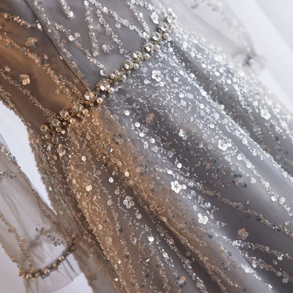Bling Bling Silver Grey Beading Pearl Sequins Evening Dresses 2023 A-Line / Princess Square Neckline Long Sleeve Floor-Length / Long Evening Party Formal Dresses