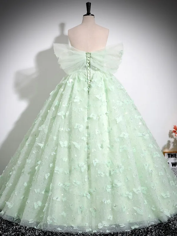 Elegant Sage Green Sequins Butterfly Appliques Prom Dresses 2024 Ball Gown Off-The-Shoulder Short Sleeve Backless Floor-Length / Long Prom Formal Dresses