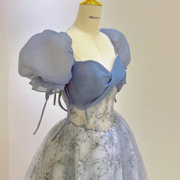 Chic / Belle Bleu Ciel Paillettes Robe De Bal 2023 Princesse Encolure Carrée Gonflée Manches Courtes Dos Nu Noeud Longue Promo Robe De Ceremonie