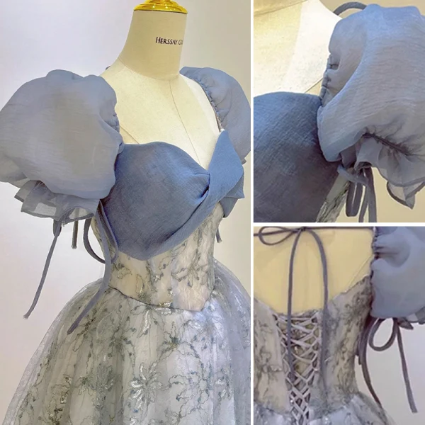 Chic / Belle Bleu Ciel Paillettes Robe De Bal 2023 Princesse Encolure Carrée Gonflée Manches Courtes Dos Nu Noeud Longue Promo Robe De Ceremonie