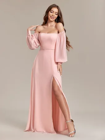 Minimaliste Rougissant Rose Fendue Devant Robe De Bal 2025 Trompette Sirène Encolure Carrée Manches Longues Dos Nu Longue Promo Robe De Ceremonie