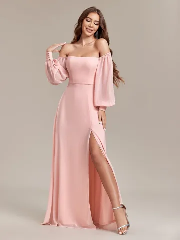 Minimaliste Rougissant Rose Fendue Devant Robe De Bal 2025 Trompette Sirène Encolure Carrée Manches Longues Dos Nu Longue Promo Robe De Ceremonie