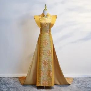 Chiński Styl Żółta Wieczorowe Długie Cheongsam 2025 Syrena Rozkloszowane Wysokiej Szyi Bez Rękawów