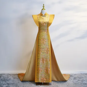 Kinesisk Stil Gul Afton Långa Cheongsam 2025 Trumpet Sjöjungfru Hög Hals Ärmlös