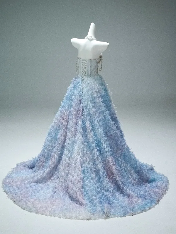 Luxury / Gorgeous Charming Sky Blue Handmade  Beading Rhinestone Pearl Appliques Prom Dresses 2025 Ball Gown Strapless Sleeveless Backless Floor-Length / Long