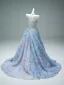 Luxury / Gorgeous Charming Sky Blue Handmade  Beading Rhinestone Pearl Appliques Prom Dresses 2025 Ball Gown Strapless Sleeveless Backless Floor-Length / Long