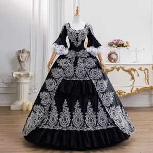Vintage Retro Black Lace Flower Prom Dresses 2026 Ball Gown Square Neckline Bell Sleeves Backless Floor Length Long Formal Dresses