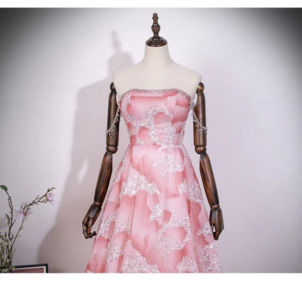 Charmant Rougissant Rose Perlage Paillettes Robe De Bal 2026 Princesse Bustier Sans Manches Dos Nu Longue Robe De Ceremonie